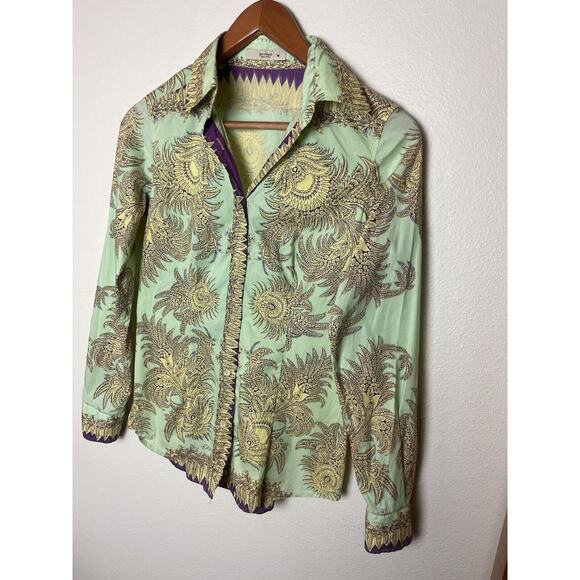 ETRO Made in Italy Shirt Green Yellow Floral Paisley Citycore Women’s Sz 38 - Picture 2 of 8